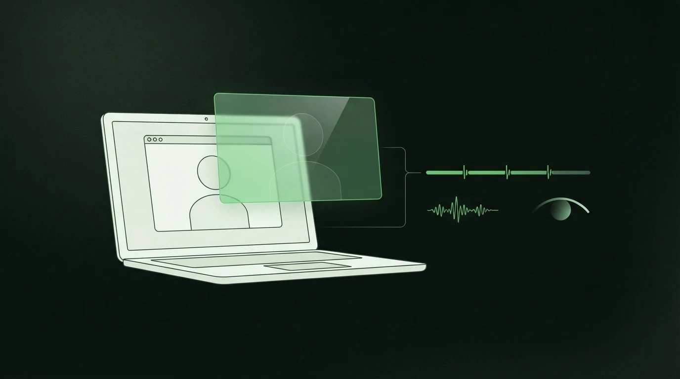 Hidden Cluely AI overlay glowing above a video-call laptop, invisible to screen share, linked to behavioral detection signals
