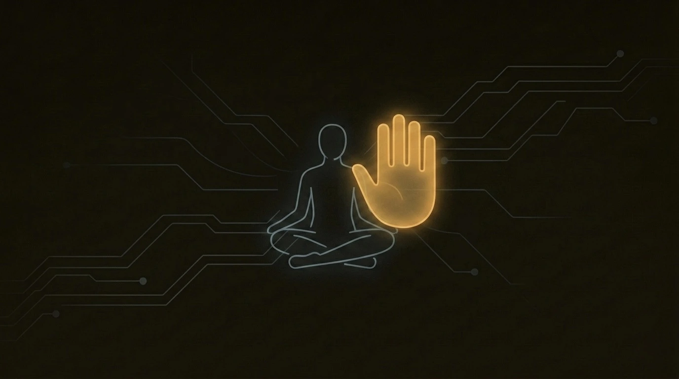 An abstract person sitting calmly beside a translucent amber shield, illustrating candidate protection and consent rather than surveillance.