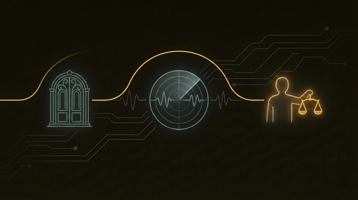 A three-stage diagram showing a gate for deterrence, a radar pulse reading signals for detection, and a human figure holding a balanced scale for the decision, linked by an amber line.