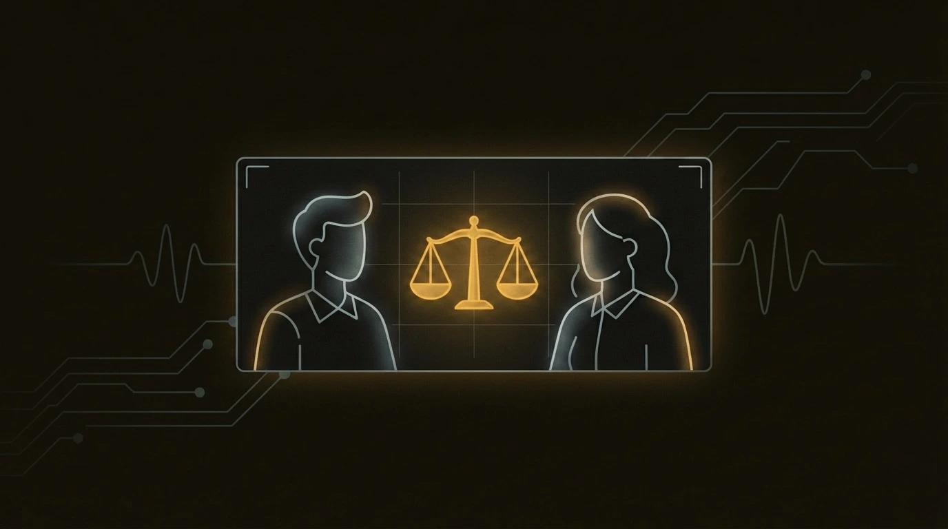 Two abstract figures face each other in a minimal video-call frame with a glowing amber shield-and-scale between them, symbolizing interview integrity.